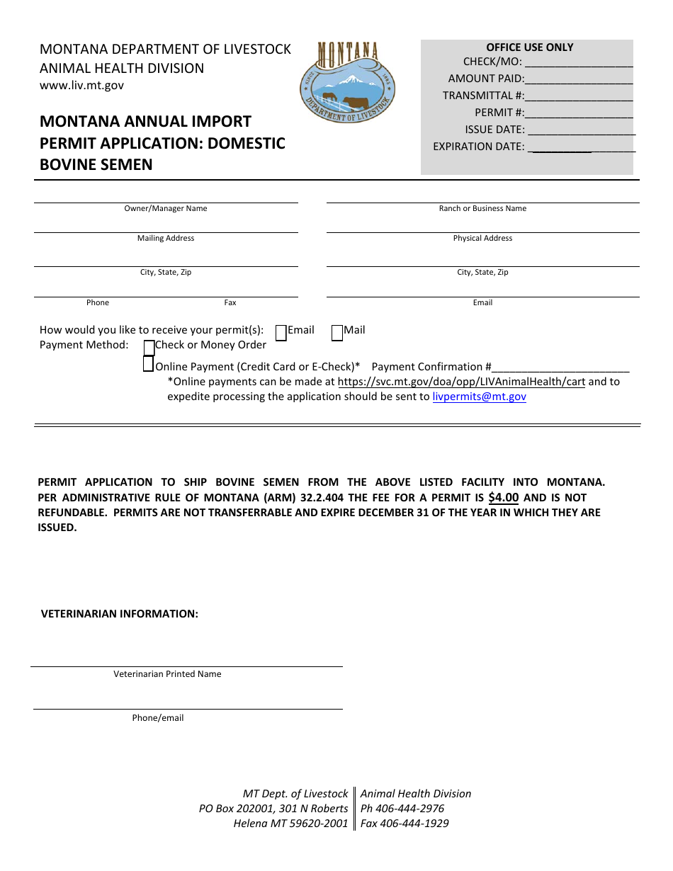 Montana Annual Import Permit Application: Domestic Bovine Semen - Montana, Page 1