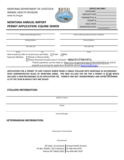 Montana Annual Import Permit Application: Equine Semen - Montana Download Pdf