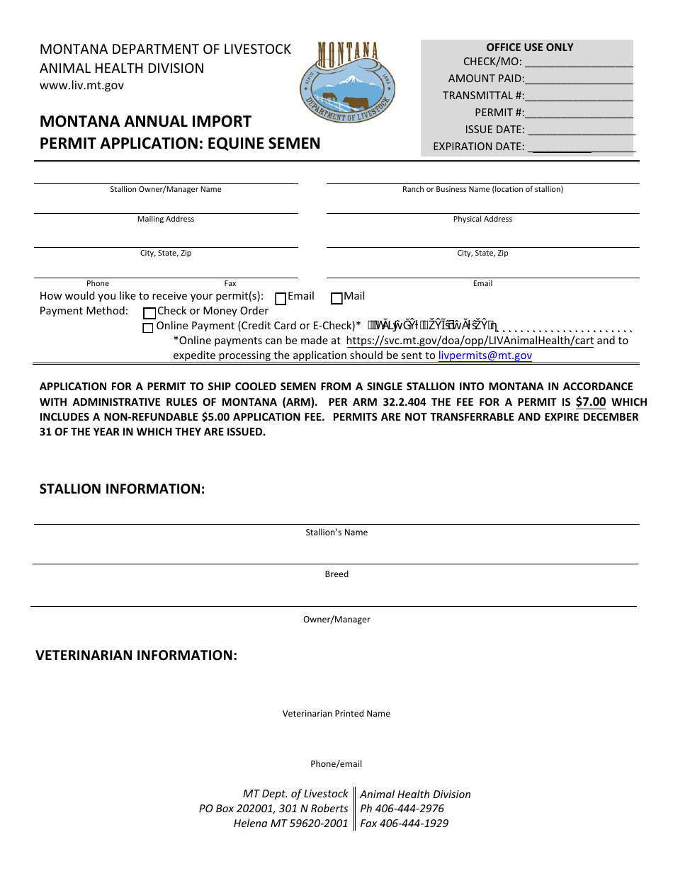 Montana Montana Annual Import Permit Application Equine Semen Fill