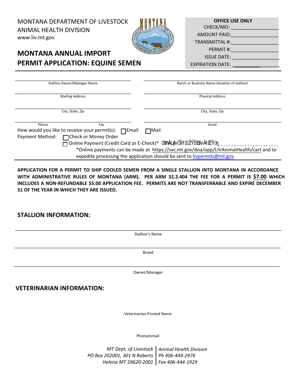 Montana Annual Import Permit Application: Equine Semen - Montana, Page 1