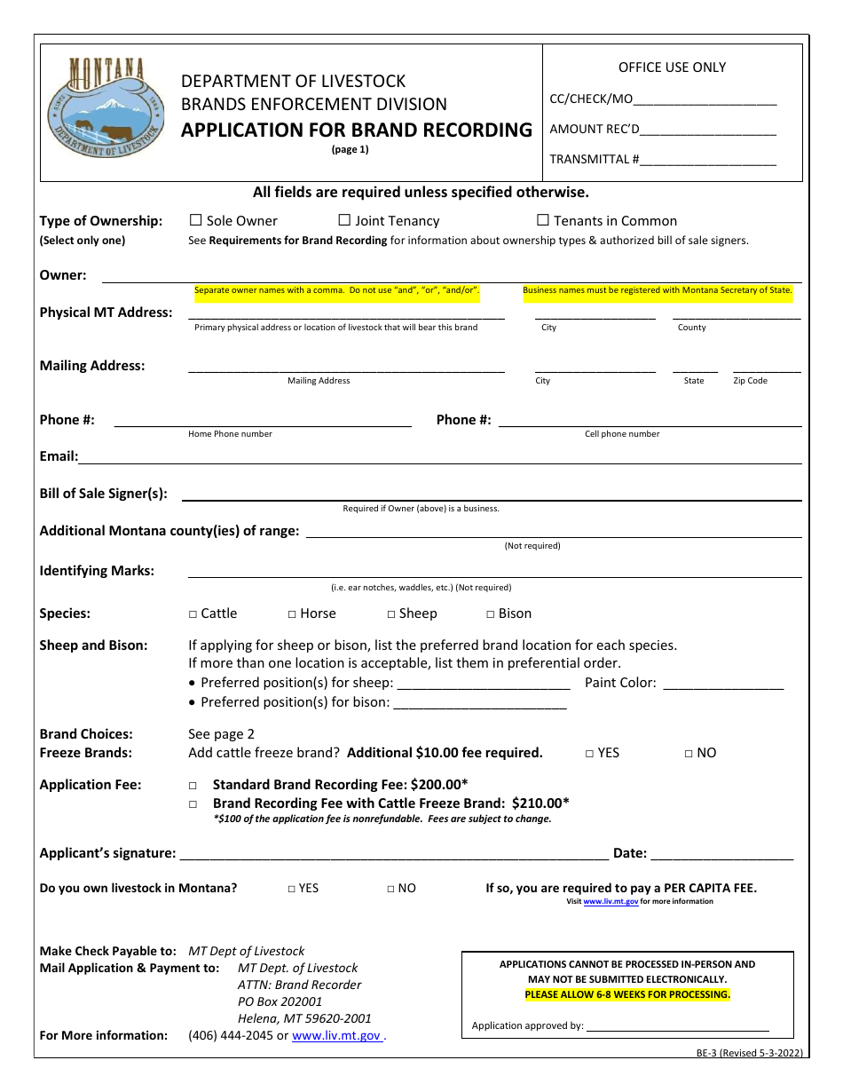 Form BE-3 Application for Brand Recording - Montana, Page 1