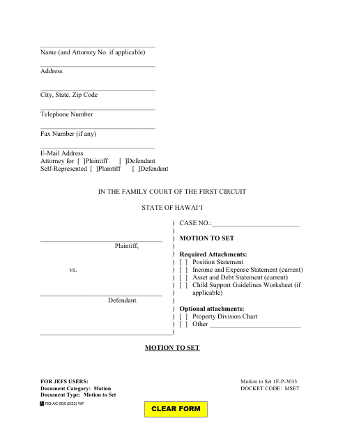 Form 1F-P-3033 Motion to Set - Hawaii