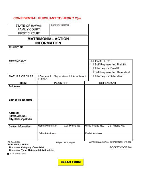 Form 1F-P-082 Matrimonial Action Information - Hawaii