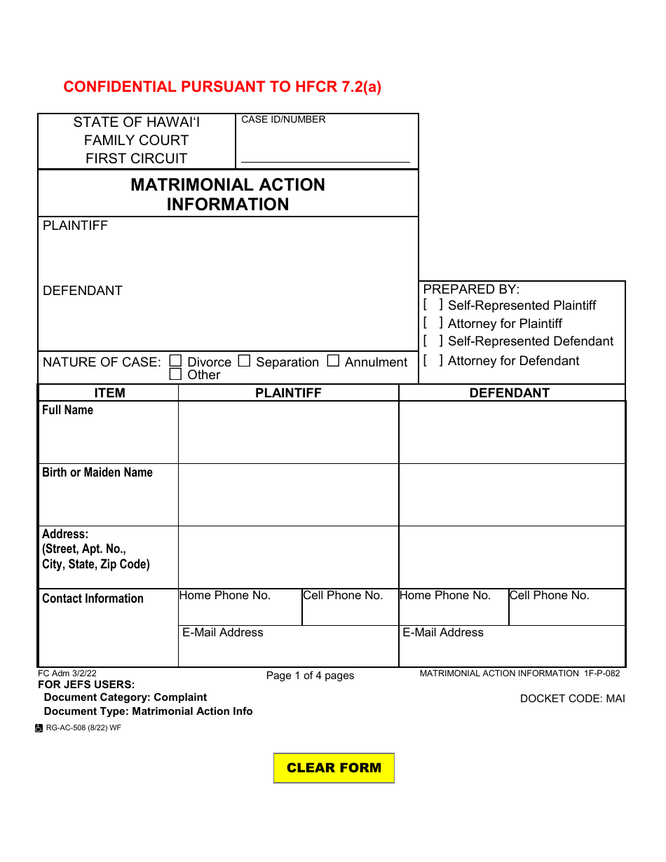 Form 1F-P-082 Matrimonial Action Information - Hawaii, Page 1