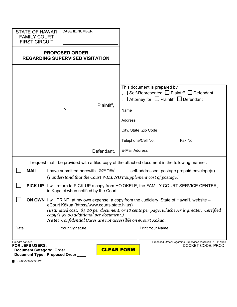 Form 1F-P-1053 Proposed Order Regarding Supervised Visitation - Hawaii, Page 1