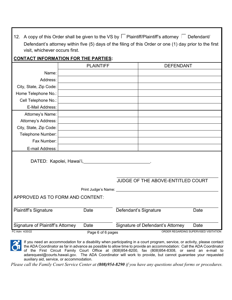 Form 1F-P-1053 Proposed Order Regarding Supervised Visitation - Hawaii, Page 7