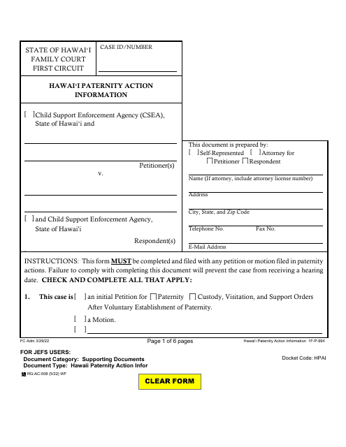 Form 1F-P-994 Hawai'i Paternity Action Information - Hawaii