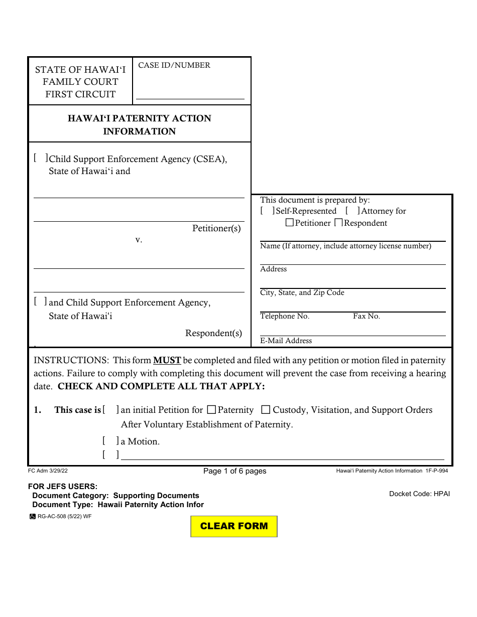 Form 1F-P-994 Hawaii Paternity Action Information - Hawaii, Page 1