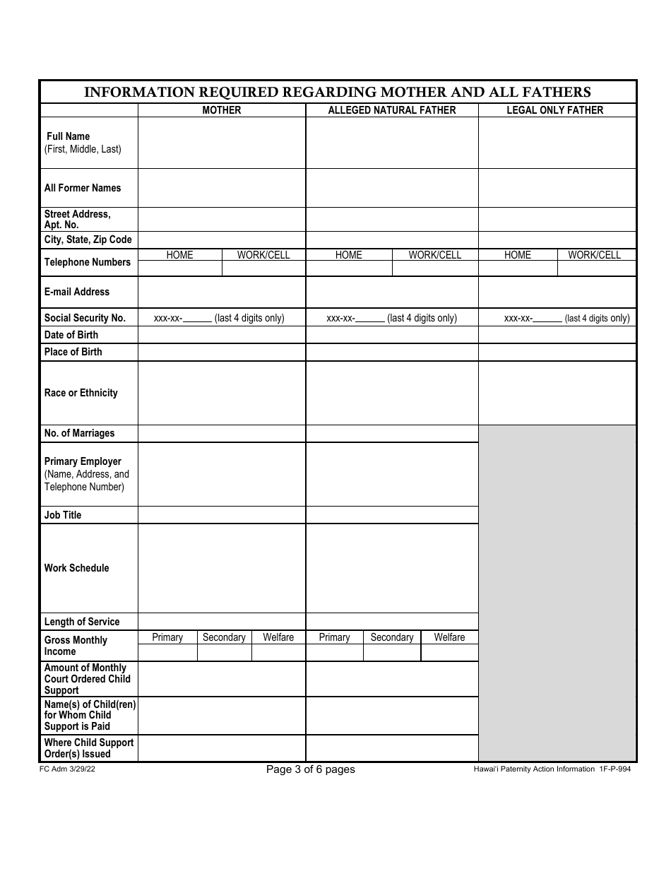 Form 1F-P-994 Hawaii Paternity Action Information - Hawaii, Page 3