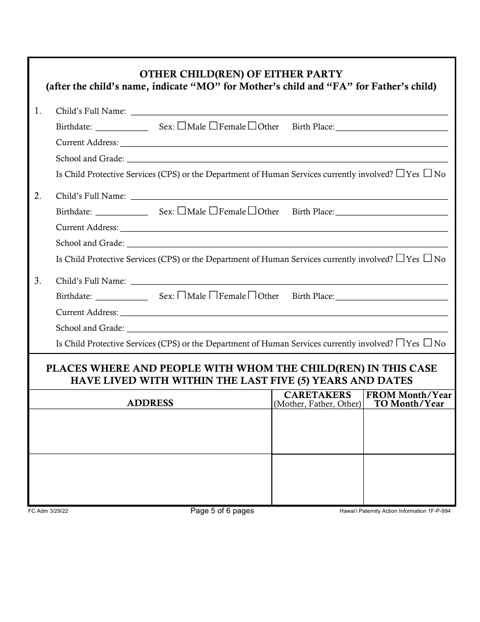 Form 1F-P-994 Hawaii Paternity Action Information - Hawaii, Page 5