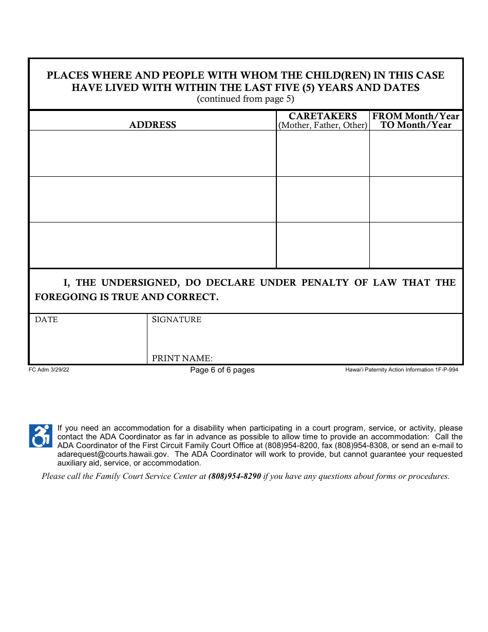 Form 1F-P-994 Hawaii Paternity Action Information - Hawaii, Page 6