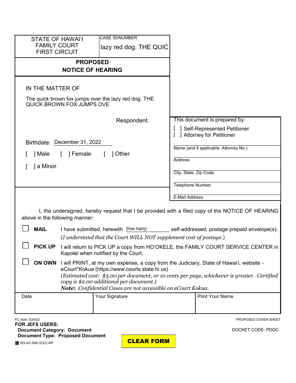 Form 1F-P-1026A Proposed Notice of Hearing - Hawaii, Page 1
