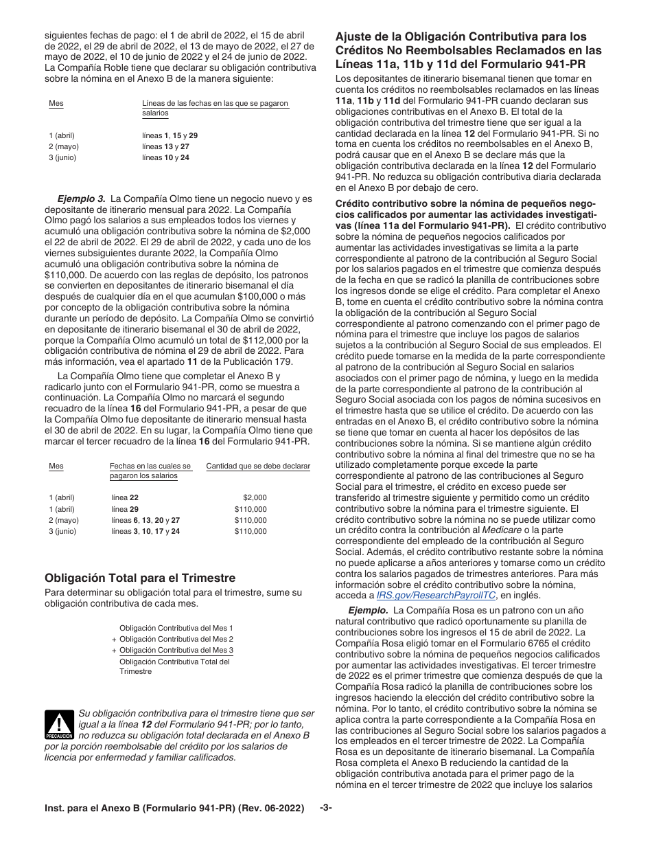 Instrucciones para IRS Formulario 941-PR Anexo B Registro De La Obligacion Contributiva Para Los Depositantes De Itinerario Bisemanal (Puerto Rican Spanish), Page 3