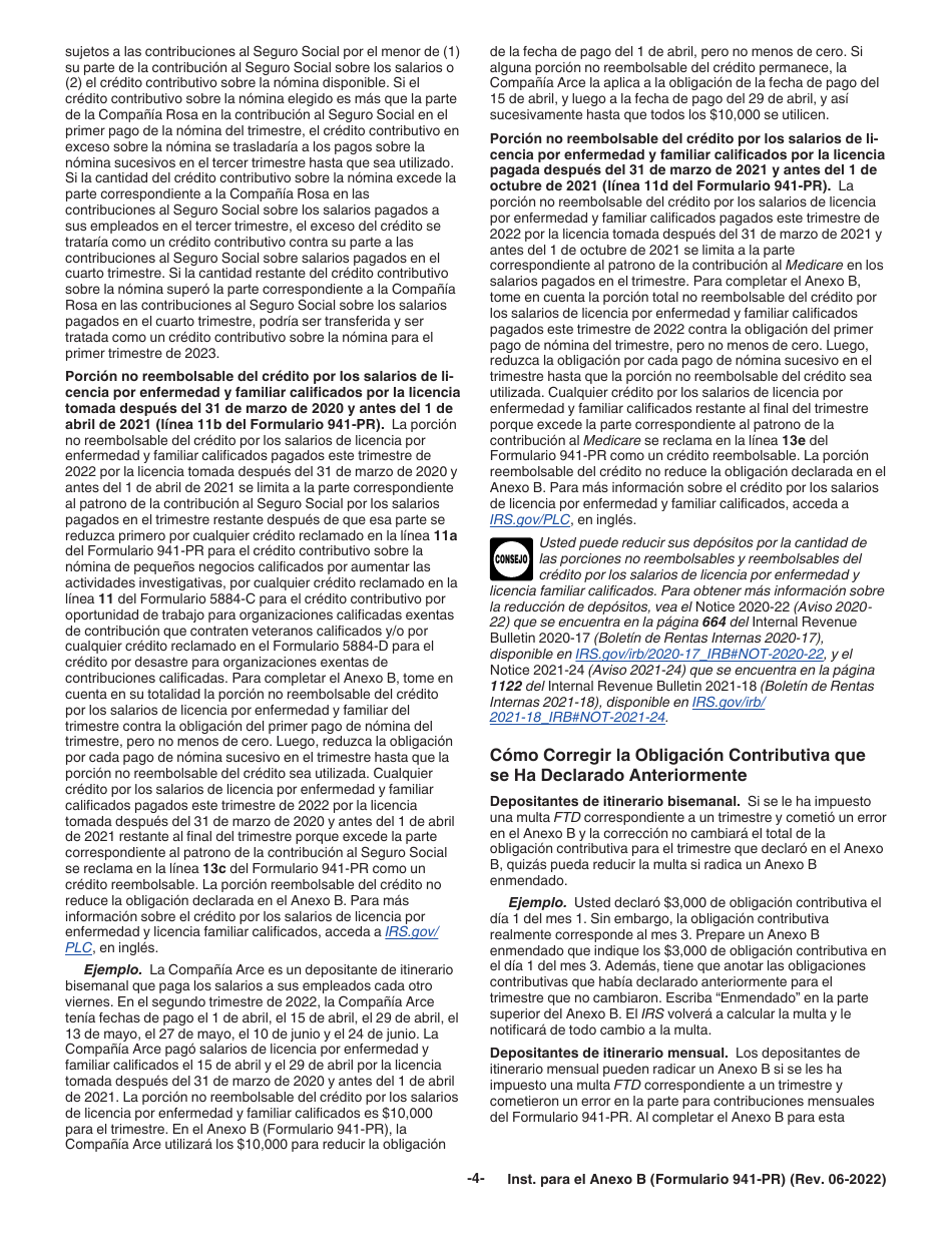 Instrucciones para IRS Formulario 941-PR Anexo B Registro De La Obligacion Contributiva Para Los Depositantes De Itinerario Bisemanal (Puerto Rican Spanish), Page 4
