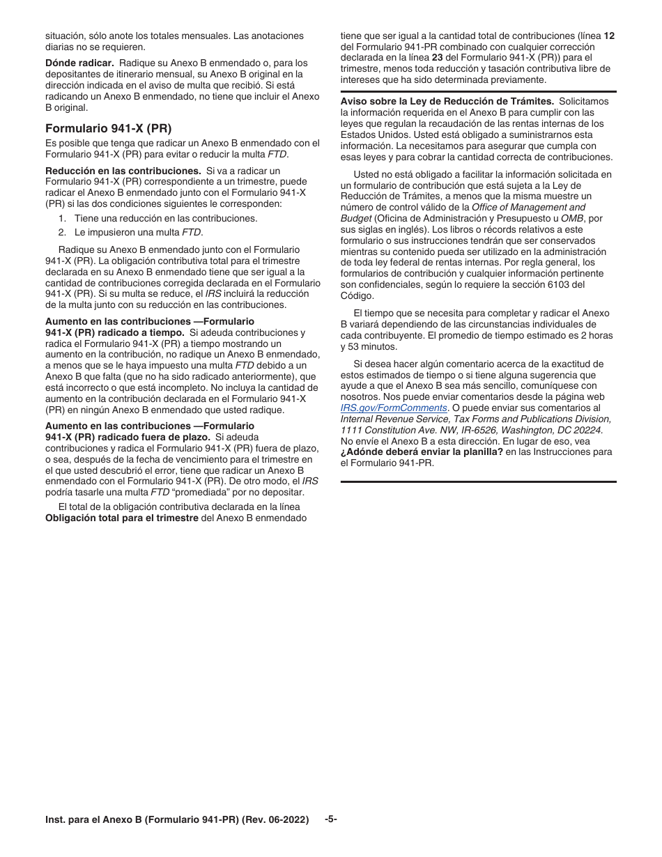 Instrucciones para IRS Formulario 941-PR Anexo B Registro De La Obligacion Contributiva Para Los Depositantes De Itinerario Bisemanal (Puerto Rican Spanish), Page 5