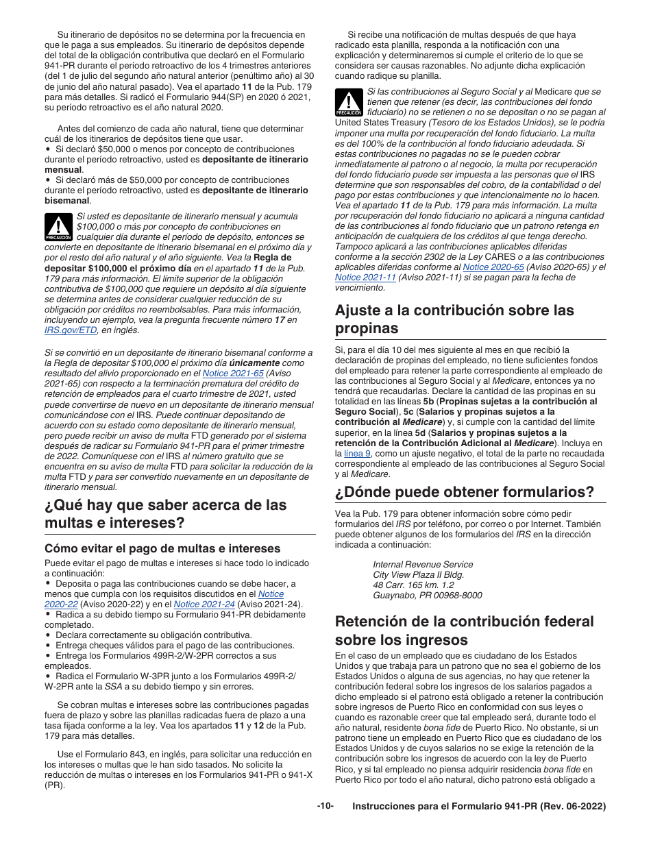 Instrucciones para IRS Formulario 941-PR Planilla Para La Declaracion Federal Trimestral Del Patrono (Puerto Rican Spanish), Page 10
