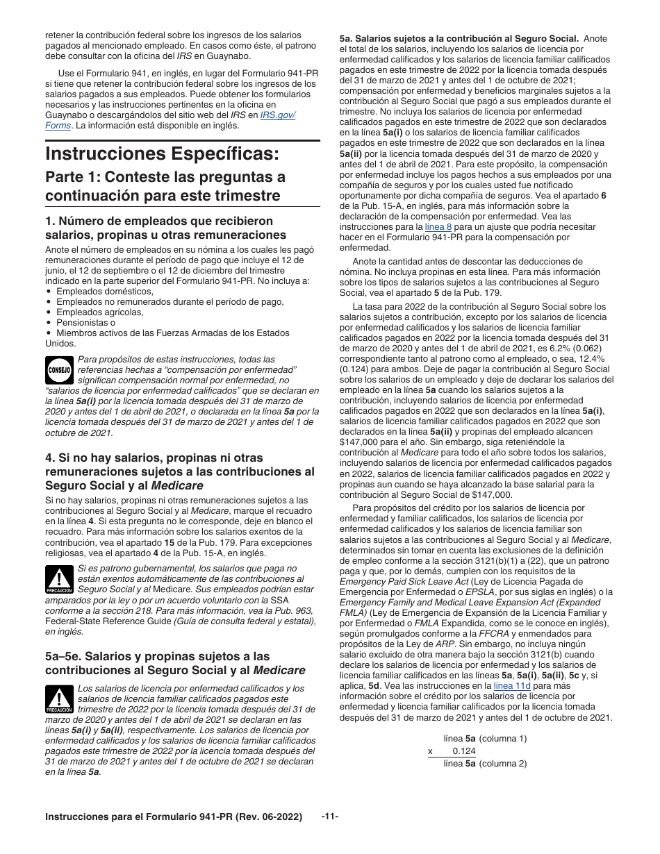 Instrucciones para IRS Formulario 941-PR Planilla Para La Declaracion Federal Trimestral Del Patrono (Puerto Rican Spanish), Page 11