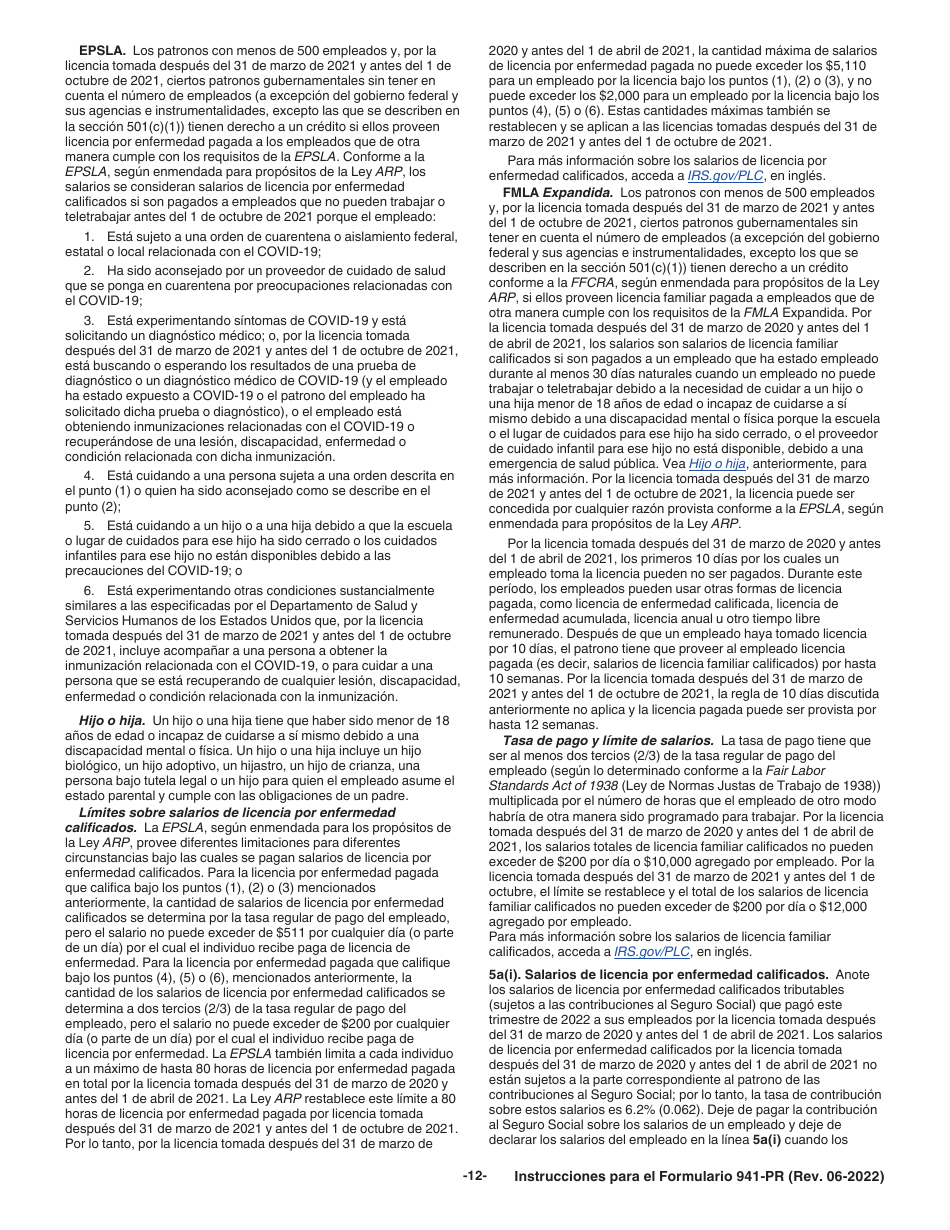 Instrucciones para IRS Formulario 941-PR Planilla Para La Declaracion Federal Trimestral Del Patrono (Puerto Rican Spanish), Page 12