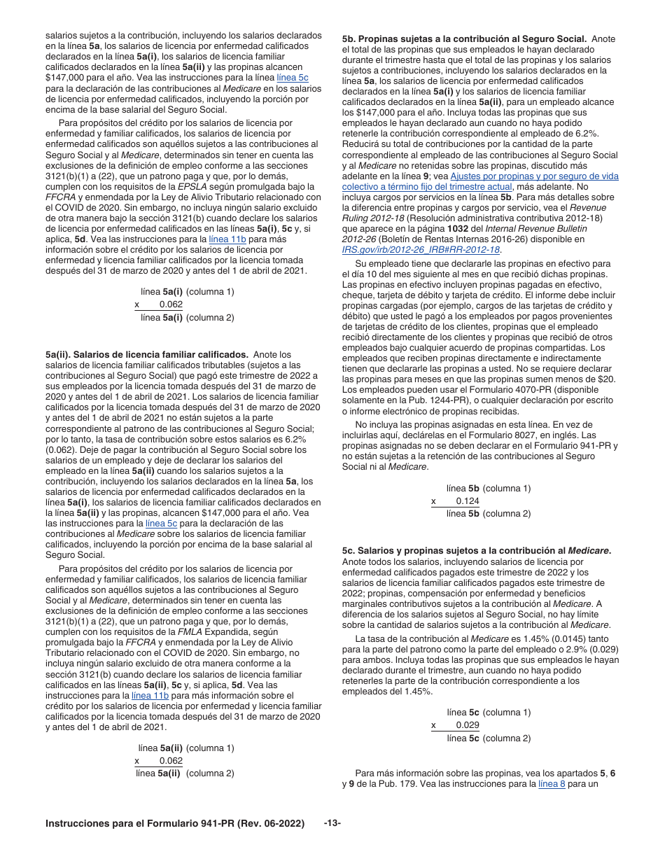 Instrucciones para IRS Formulario 941-PR Planilla Para La Declaracion Federal Trimestral Del Patrono (Puerto Rican Spanish), Page 13