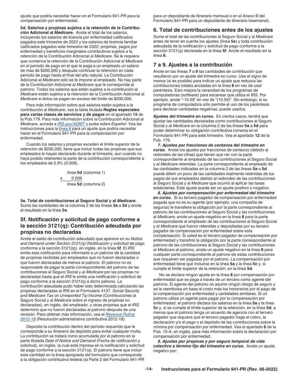 Instrucciones para IRS Formulario 941-PR Planilla Para La Declaracion Federal Trimestral Del Patrono (Puerto Rican Spanish), Page 14