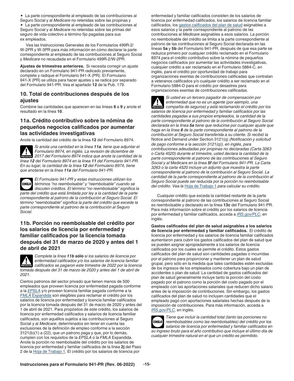 Instrucciones para IRS Formulario 941-PR Planilla Para La Declaracion Federal Trimestral Del Patrono (Puerto Rican Spanish), Page 15