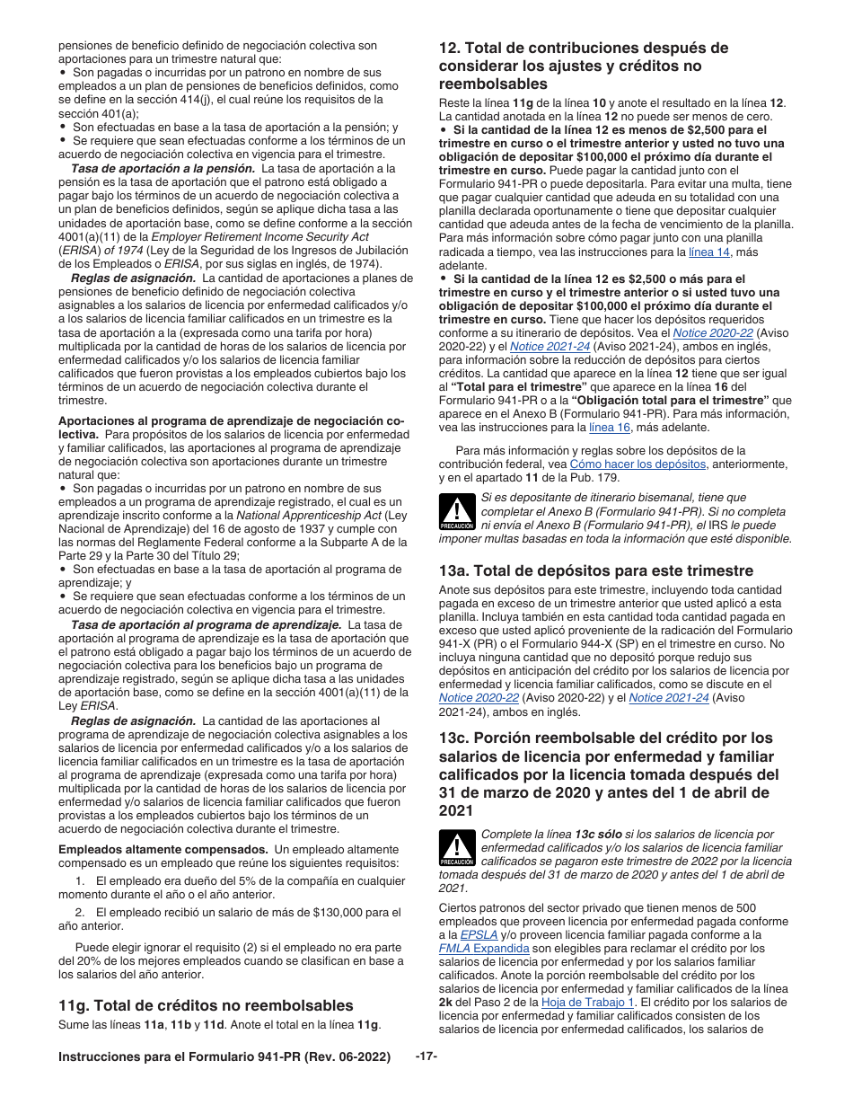 Instrucciones para IRS Formulario 941-PR Planilla Para La Declaracion Federal Trimestral Del Patrono (Puerto Rican Spanish), Page 17