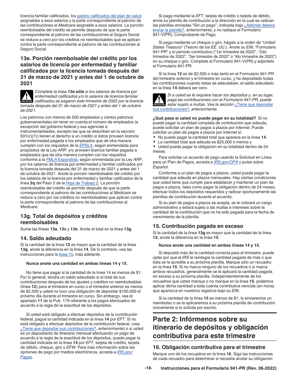 Instrucciones para IRS Formulario 941-PR Planilla Para La Declaracion Federal Trimestral Del Patrono (Puerto Rican Spanish), Page 18
