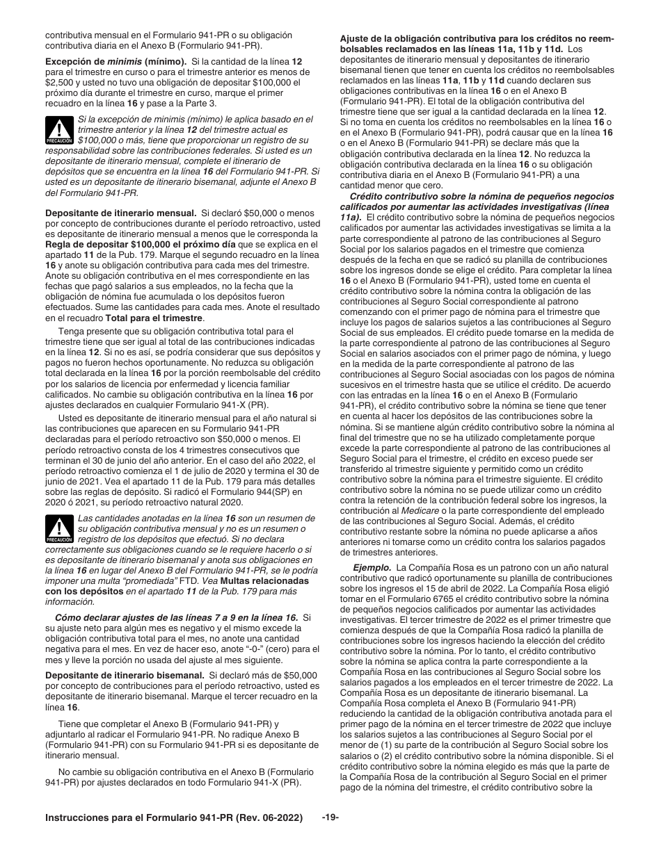 Instrucciones para IRS Formulario 941-PR Planilla Para La Declaracion Federal Trimestral Del Patrono (Puerto Rican Spanish), Page 19