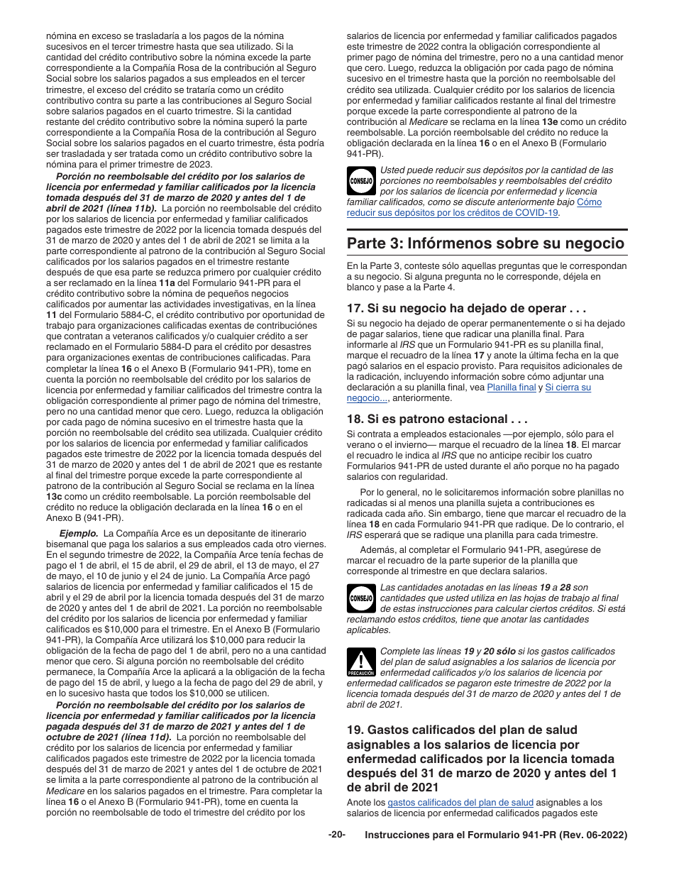 Instrucciones para IRS Formulario 941-PR Planilla Para La Declaracion Federal Trimestral Del Patrono (Puerto Rican Spanish), Page 20