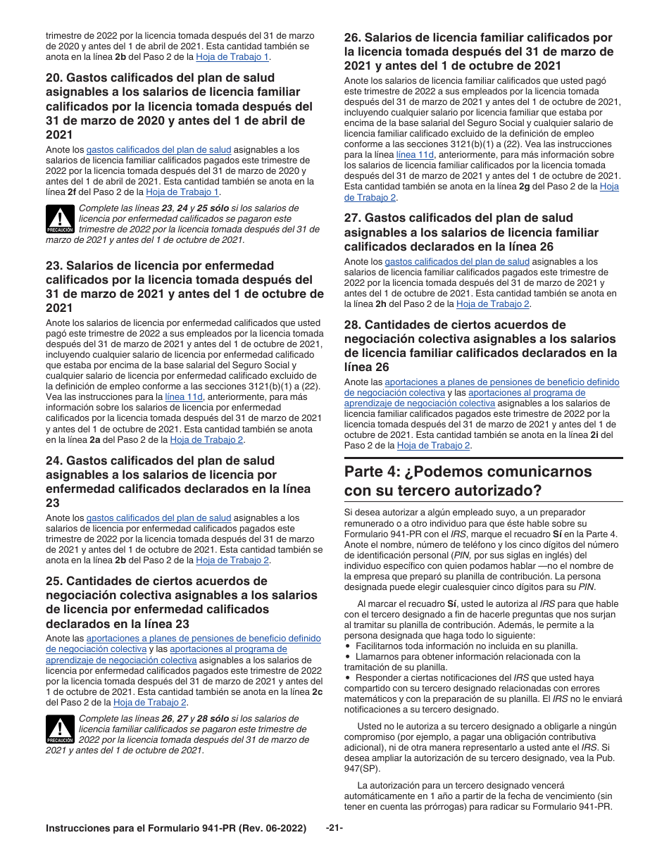 Instrucciones para IRS Formulario 941-PR Planilla Para La Declaracion Federal Trimestral Del Patrono (Puerto Rican Spanish), Page 21