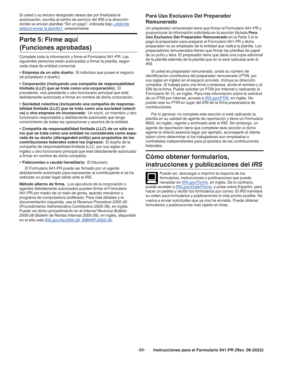 Instrucciones para IRS Formulario 941-PR Planilla Para La Declaracion Federal Trimestral Del Patrono (Puerto Rican Spanish), Page 22