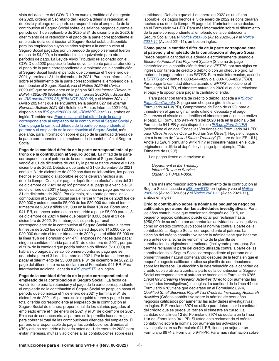 Instrucciones para IRS Formulario 941-PR Planilla Para La Declaracion Federal Trimestral Del Patrono (Puerto Rican Spanish), Page 3