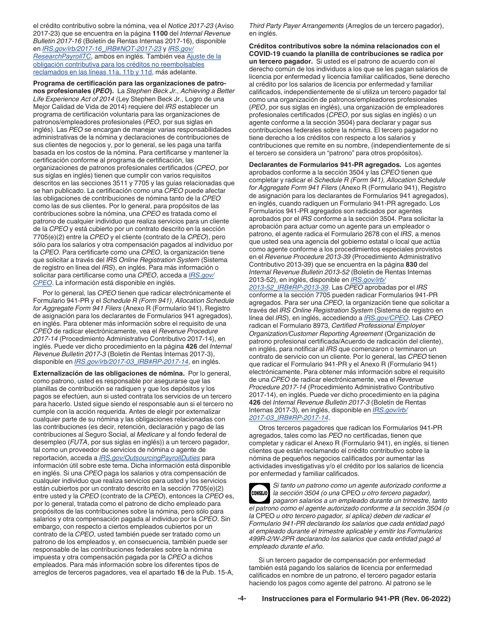 Instrucciones para IRS Formulario 941-PR Planilla Para La Declaracion Federal Trimestral Del Patrono (Puerto Rican Spanish), Page 4