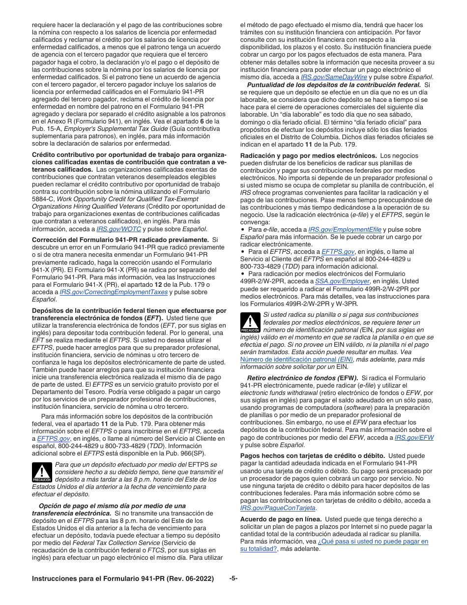 Instrucciones para IRS Formulario 941-PR Planilla Para La Declaracion Federal Trimestral Del Patrono (Puerto Rican Spanish), Page 5