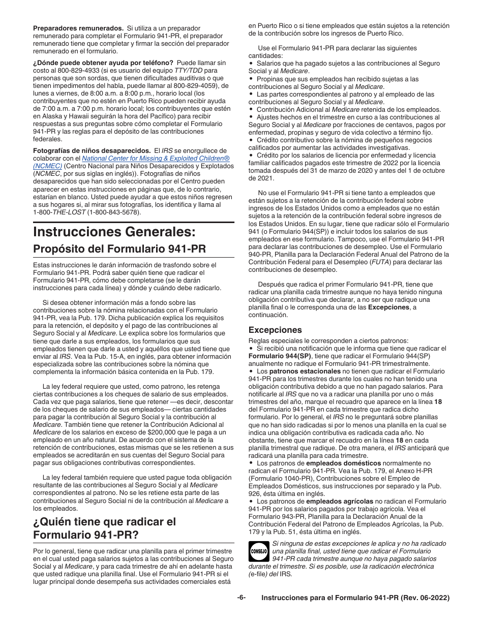 Instrucciones para IRS Formulario 941-PR Planilla Para La Declaracion Federal Trimestral Del Patrono (Puerto Rican Spanish), Page 6
