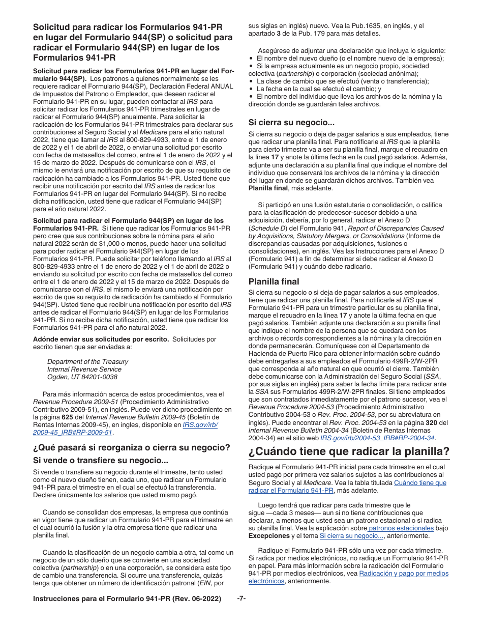 Instrucciones para IRS Formulario 941-PR Planilla Para La Declaracion Federal Trimestral Del Patrono (Puerto Rican Spanish), Page 7