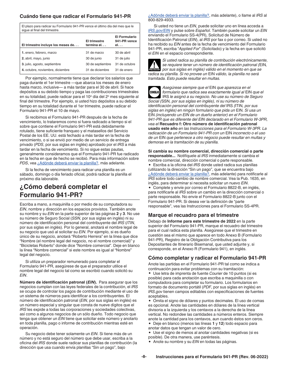 Instrucciones para IRS Formulario 941-PR Planilla Para La Declaracion Federal Trimestral Del Patrono (Puerto Rican Spanish), Page 8