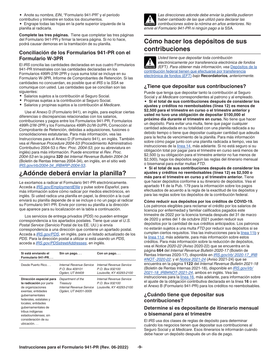 Instrucciones para IRS Formulario 941-PR Planilla Para La Declaracion Federal Trimestral Del Patrono (Puerto Rican Spanish), Page 9