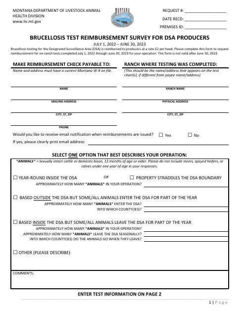 Brucellosis Test Reimbursement Survey for Dsa Producers - Montana, 2023