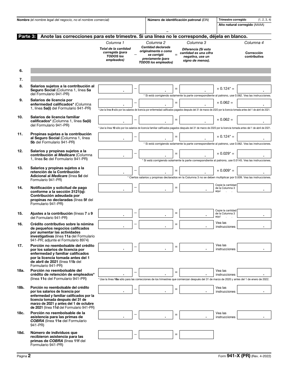 IRS Formulario 941-X (PR) Ajuste a La Declaracion Federal Trimestral Del Patrono O Reclamacion De Reembolso (Puerto Rican Spanish), Page 2
