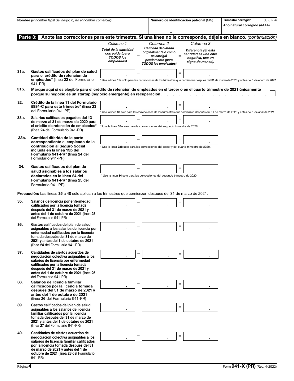 IRS Formulario 941-X (PR) Ajuste a La Declaracion Federal Trimestral Del Patrono O Reclamacion De Reembolso (Puerto Rican Spanish), Page 4