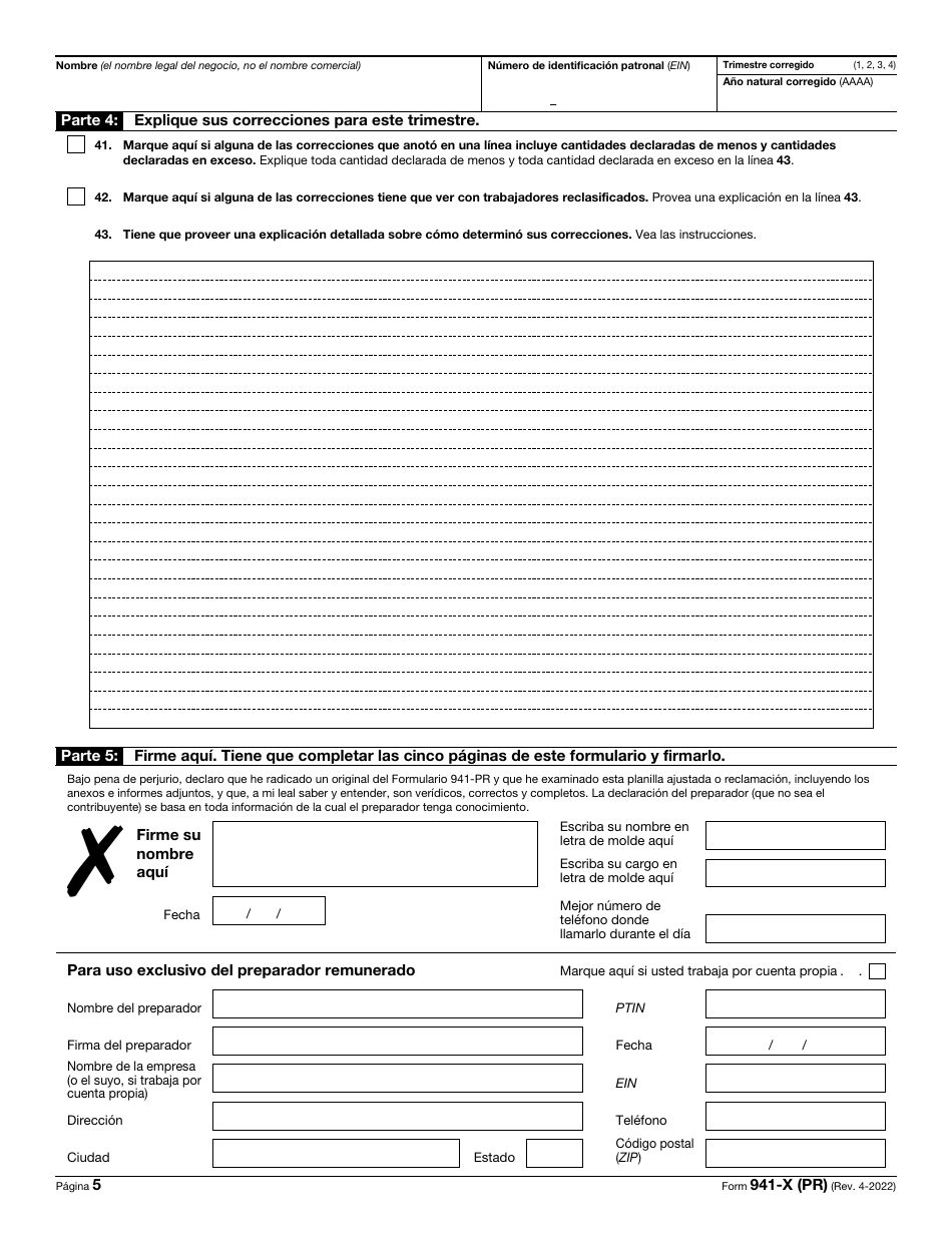 IRS Formulario 941-X (PR) Ajuste a La Declaracion Federal Trimestral Del Patrono O Reclamacion De Reembolso (Puerto Rican Spanish), Page 5