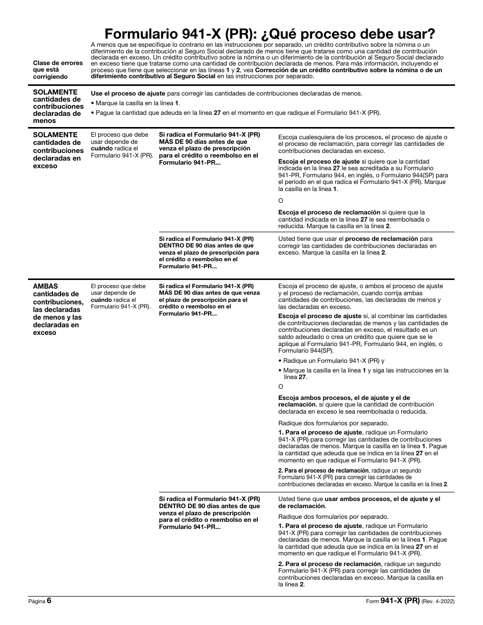 IRS Formulario 941-X (PR) Ajuste a La Declaracion Federal Trimestral Del Patrono O Reclamacion De Reembolso (Puerto Rican Spanish), Page 6