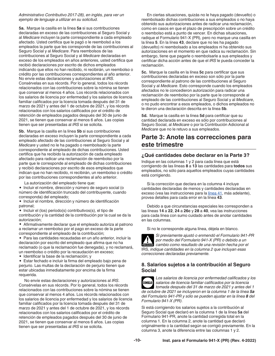 Instrucciones para IRS Formulario 941-X (PR) Ajuste a La Declaracion Federal Trimestral Del Patrono O Reclamacion De Reembolso (Puerto Rican Spanish), Page 10