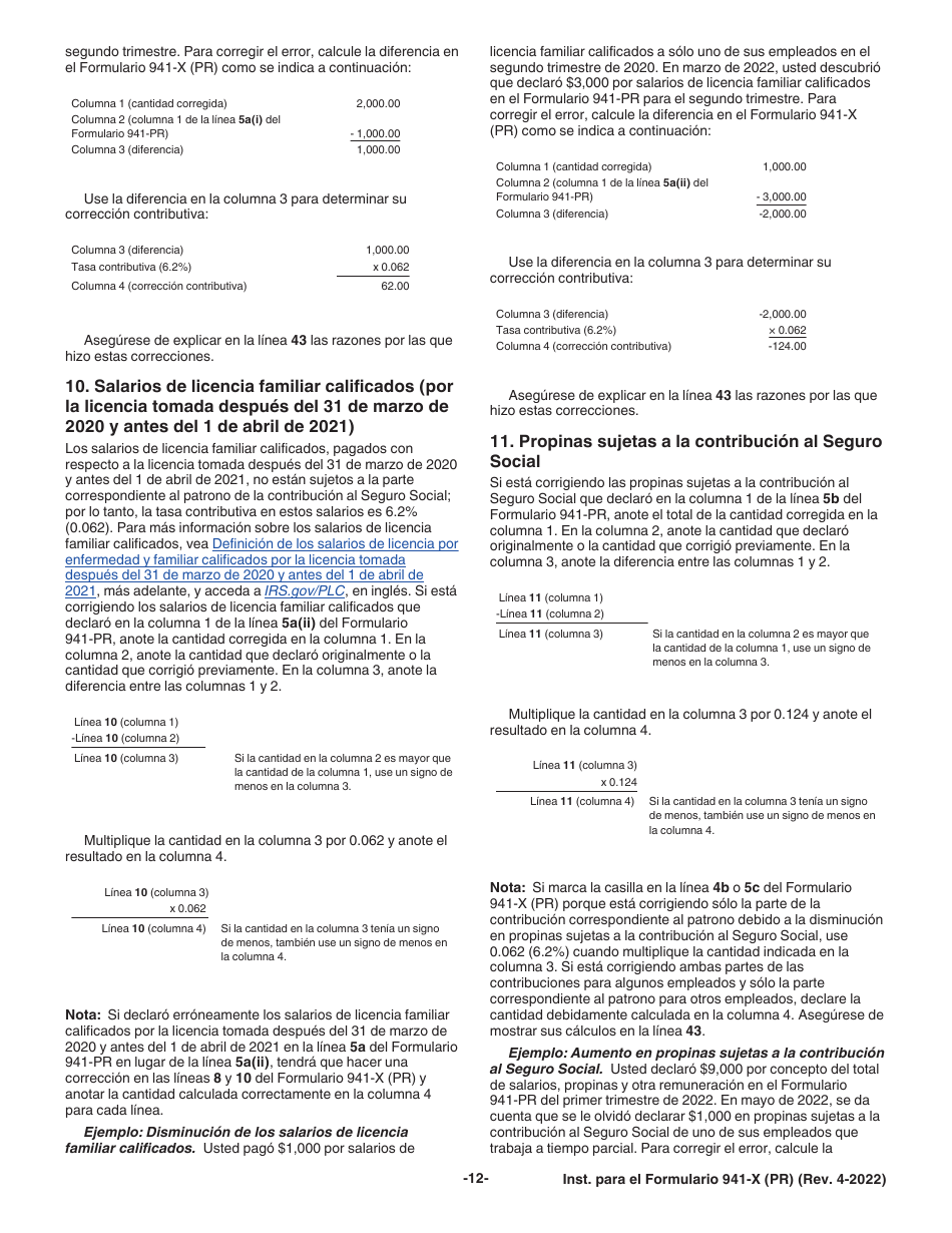 Instrucciones para IRS Formulario 941-X (PR) Ajuste a La Declaracion Federal Trimestral Del Patrono O Reclamacion De Reembolso (Puerto Rican Spanish), Page 12
