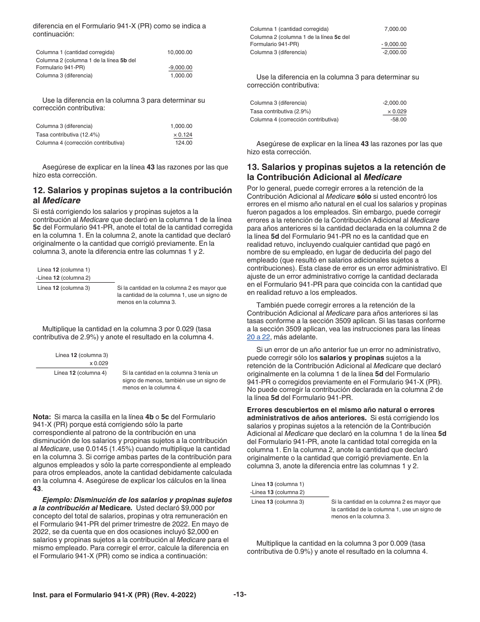 Instrucciones para IRS Formulario 941-X (PR) Ajuste a La Declaracion Federal Trimestral Del Patrono O Reclamacion De Reembolso (Puerto Rican Spanish), Page 13