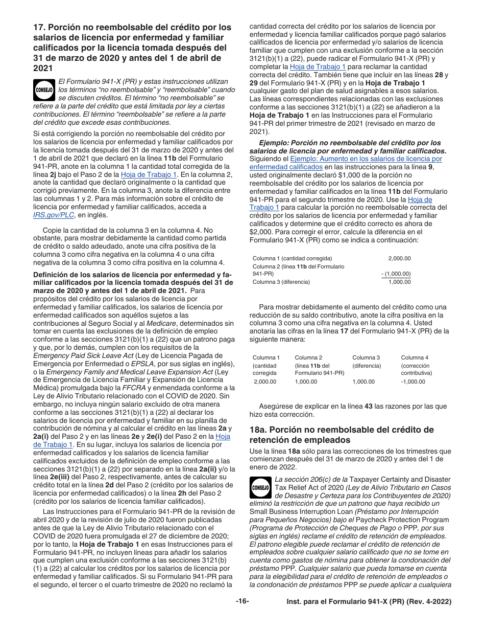 Instrucciones para IRS Formulario 941-X (PR) Ajuste a La Declaracion Federal Trimestral Del Patrono O Reclamacion De Reembolso (Puerto Rican Spanish), Page 16