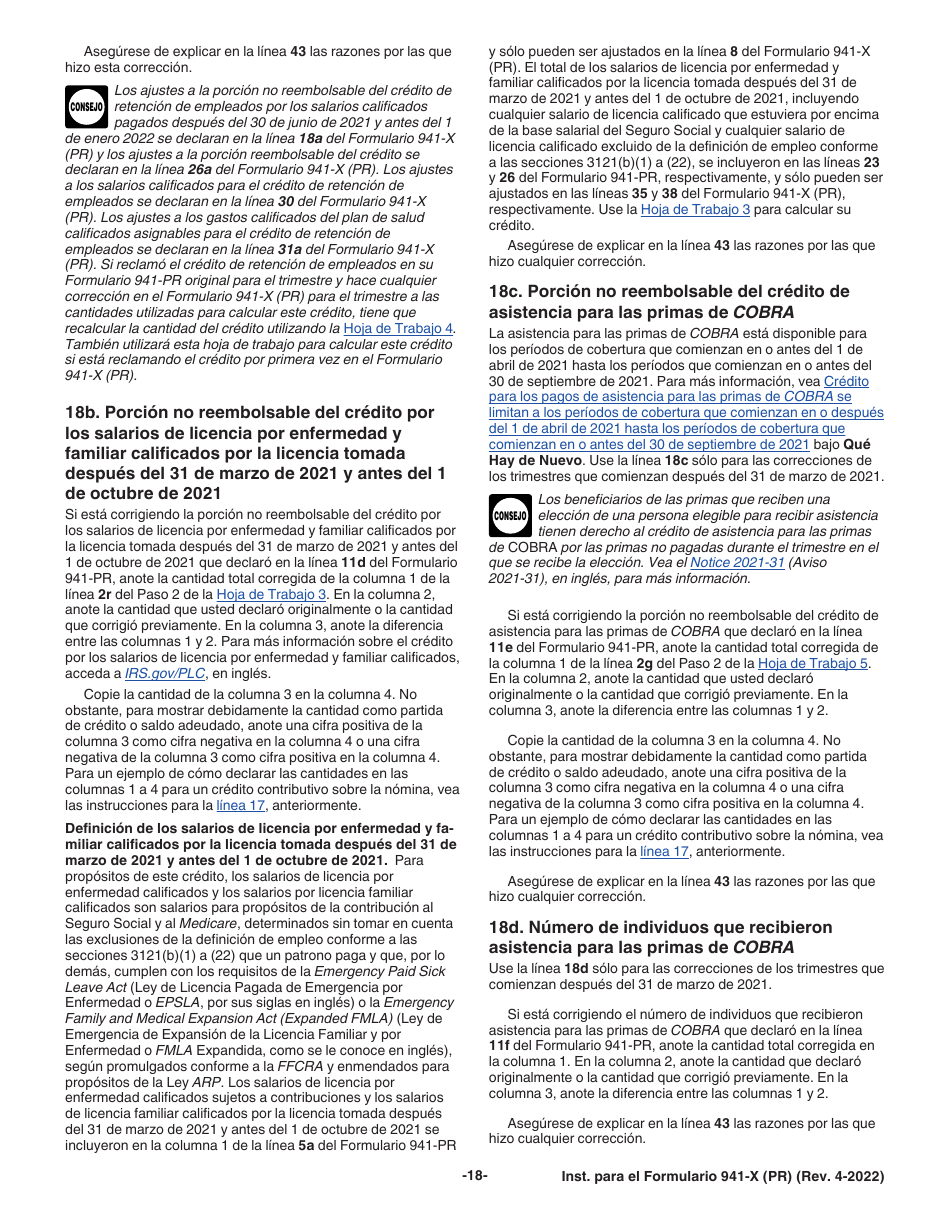 Instrucciones para IRS Formulario 941-X (PR) Ajuste a La Declaracion Federal Trimestral Del Patrono O Reclamacion De Reembolso (Puerto Rican Spanish), Page 18