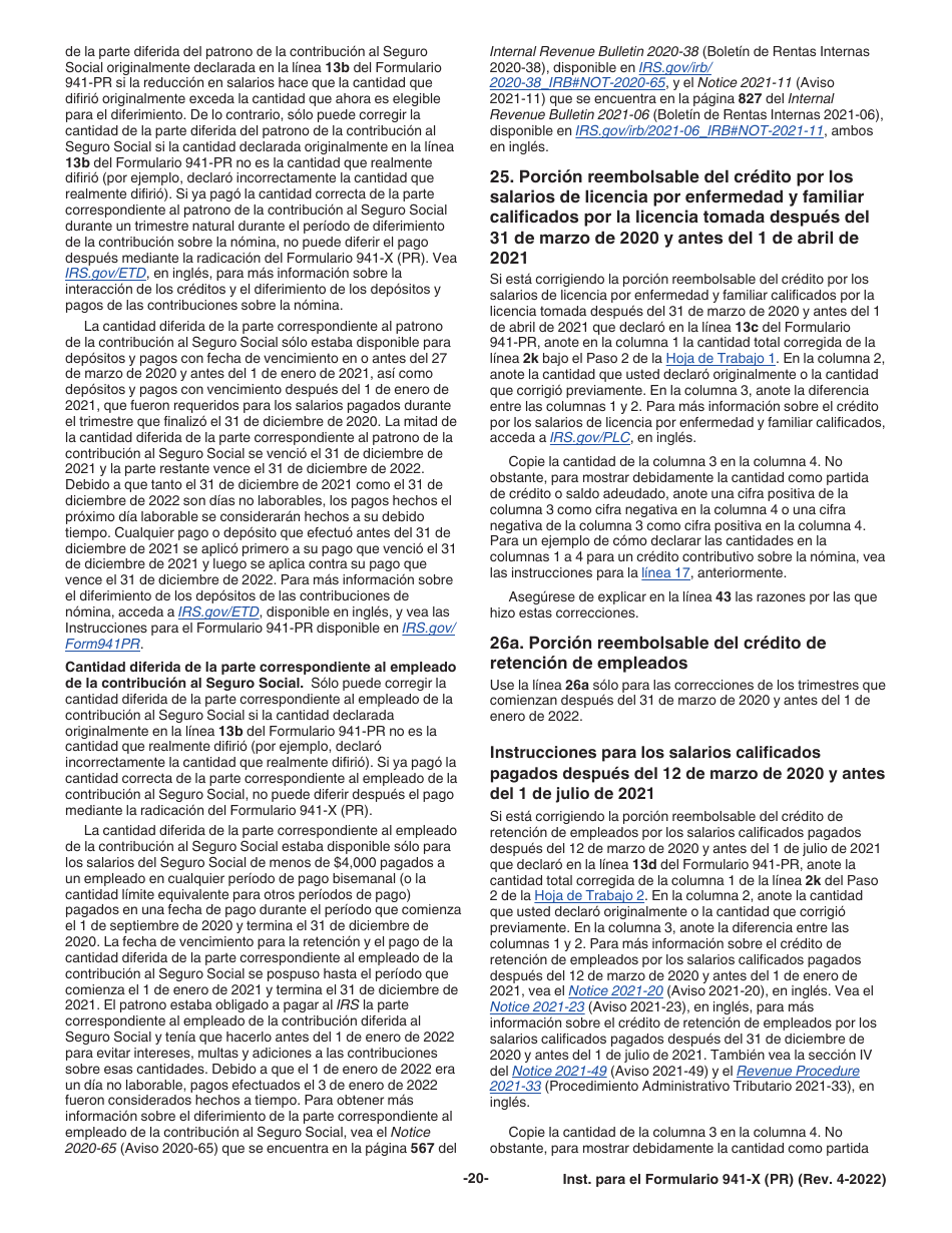 Instrucciones para IRS Formulario 941-X (PR) Ajuste a La Declaracion Federal Trimestral Del Patrono O Reclamacion De Reembolso (Puerto Rican Spanish), Page 20