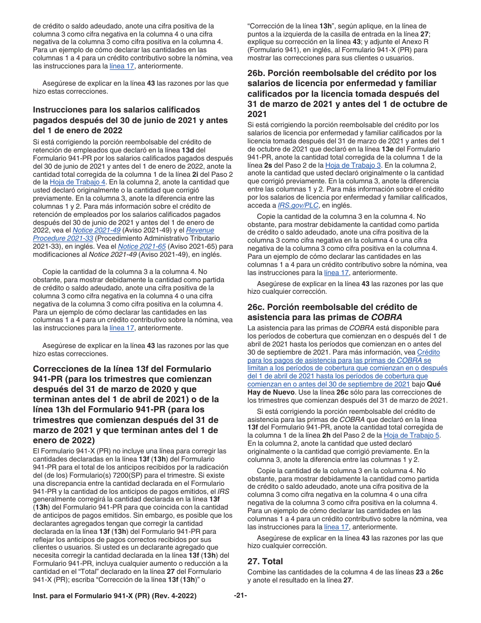 Instrucciones para IRS Formulario 941-X (PR) Ajuste a La Declaracion Federal Trimestral Del Patrono O Reclamacion De Reembolso (Puerto Rican Spanish), Page 21